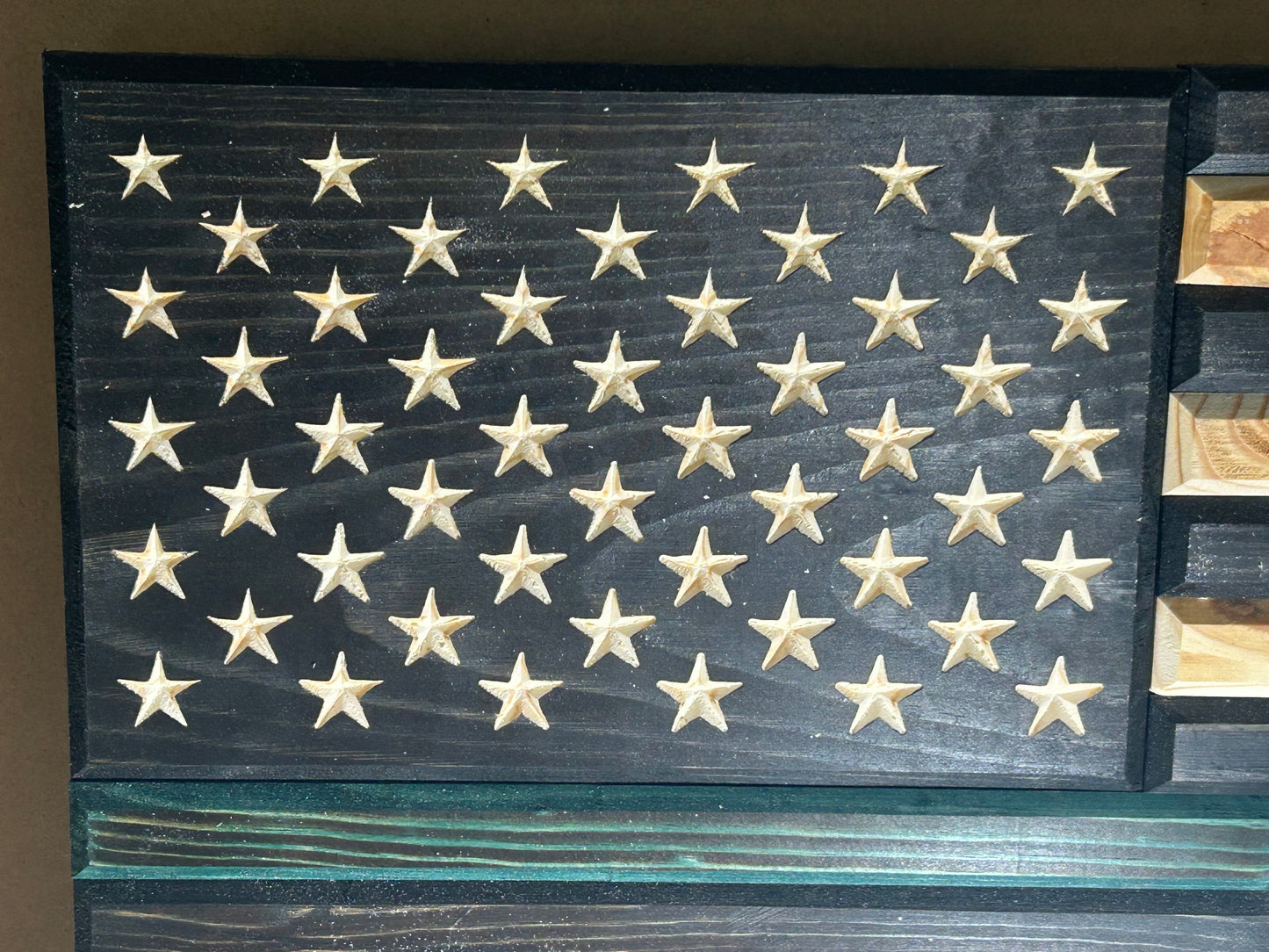 Handcrafted Green Line Wooden American Flag – Rustic Pine, Torched Finish, CNC Stars, Outdoor-Protected, Made in USA