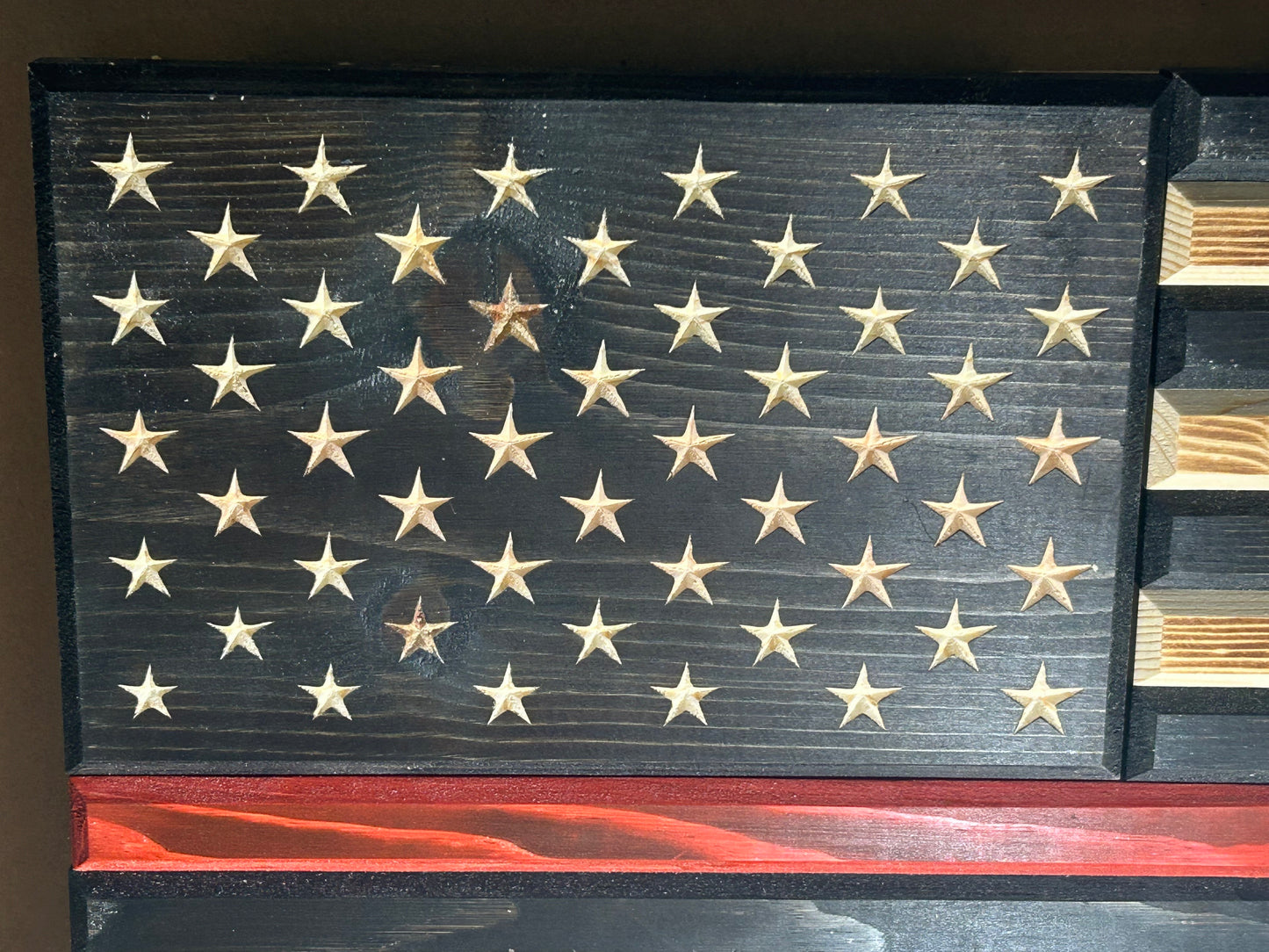 Handcrafted Red Line Wooden American Flag – Rustic Pine, Torched Finish, CNC Stars, Outdoor-Protected, Made in USA