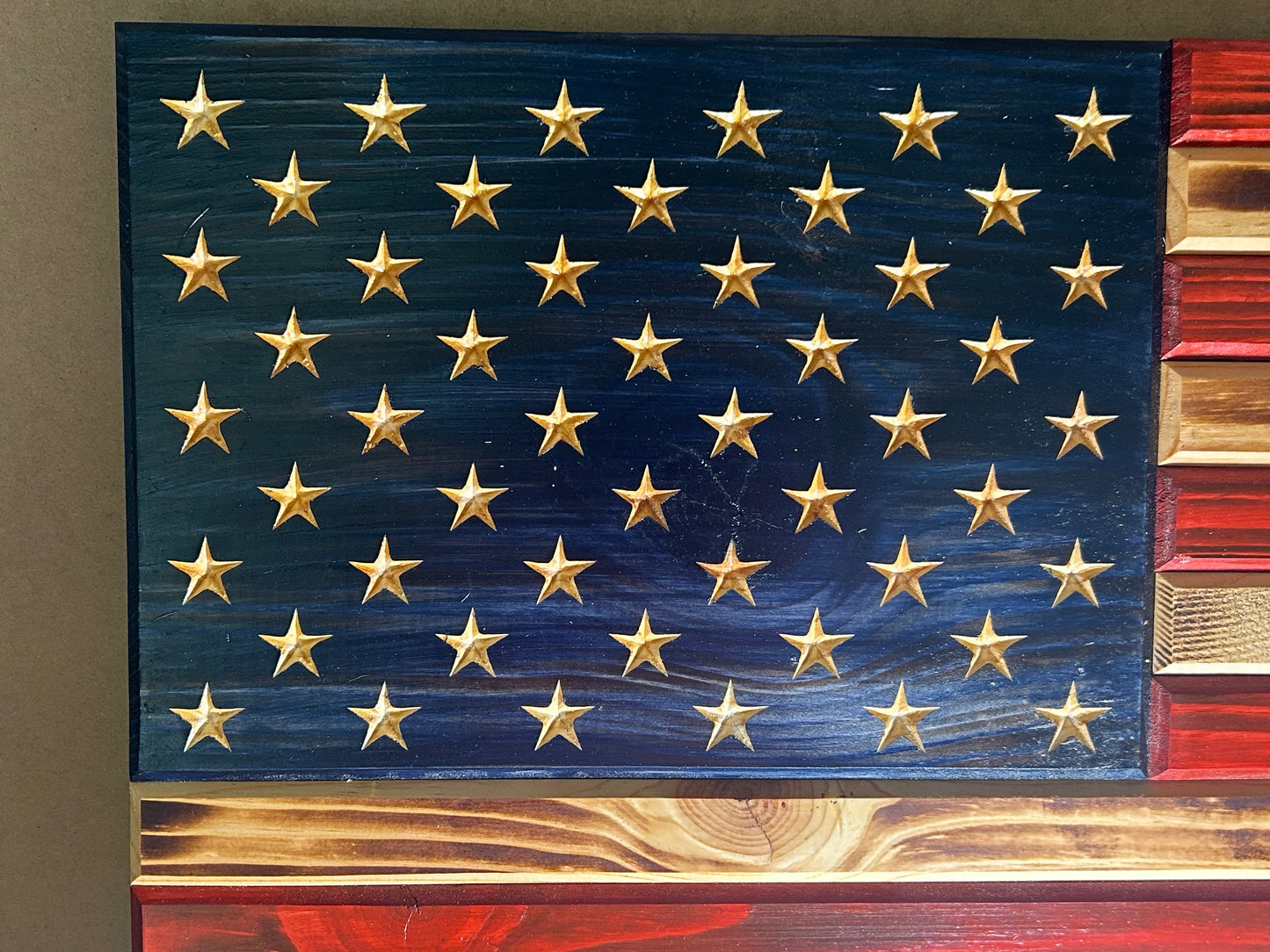 Handcrafted Wooden American Flag – Rustic Pine, Torched Finish, CNC Stars, Outdoor-Protected, Made in USA