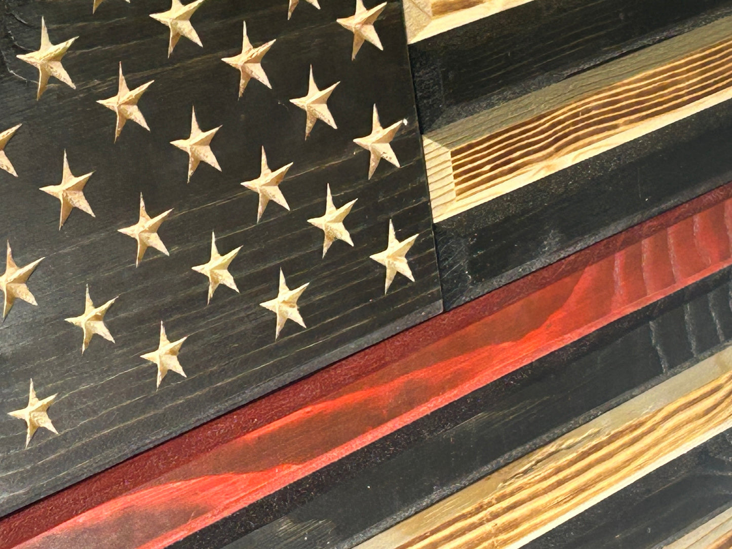 Handcrafted Red Line Wooden American Flag – Rustic Pine, Torched Finish, CNC Stars, Outdoor-Protected, Made in USA