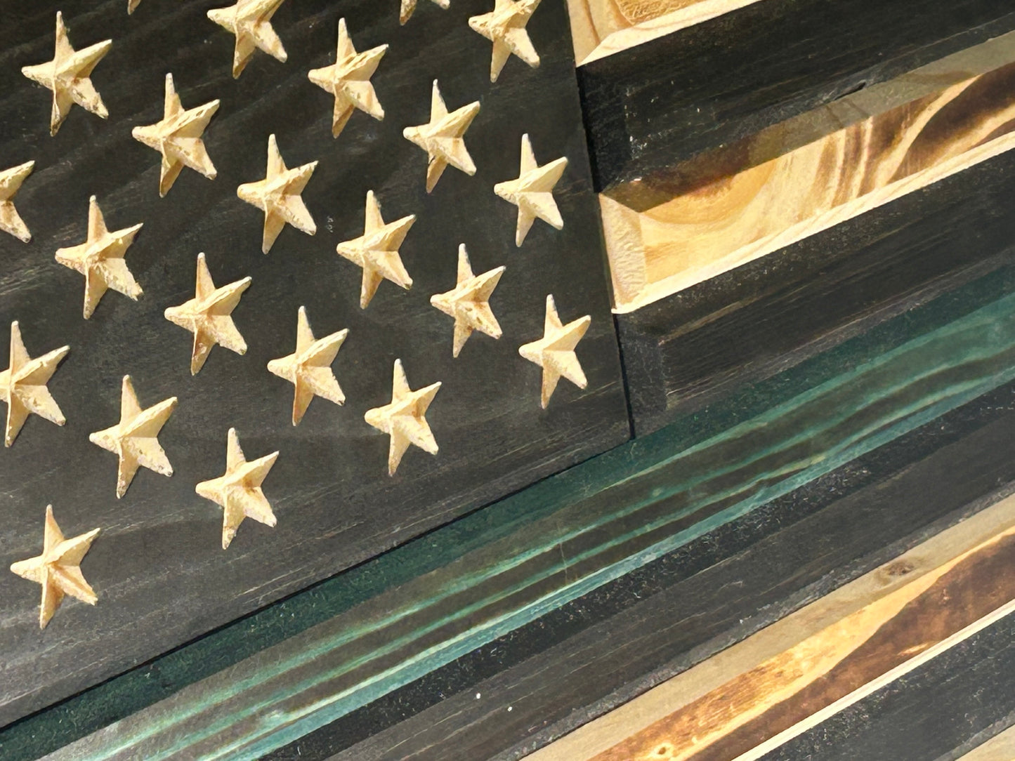 Handcrafted Green Line Wooden American Flag – Rustic Pine, Torched Finish, CNC Stars, Outdoor-Protected, Made in USA